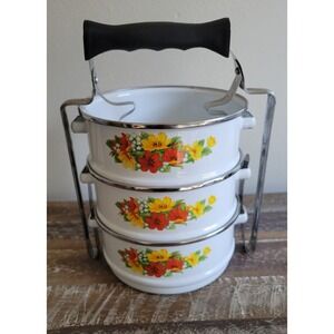 Vintage Ideal Enamelware Metal Nesting Food Carrier Bowls Bento Floral  NO LID